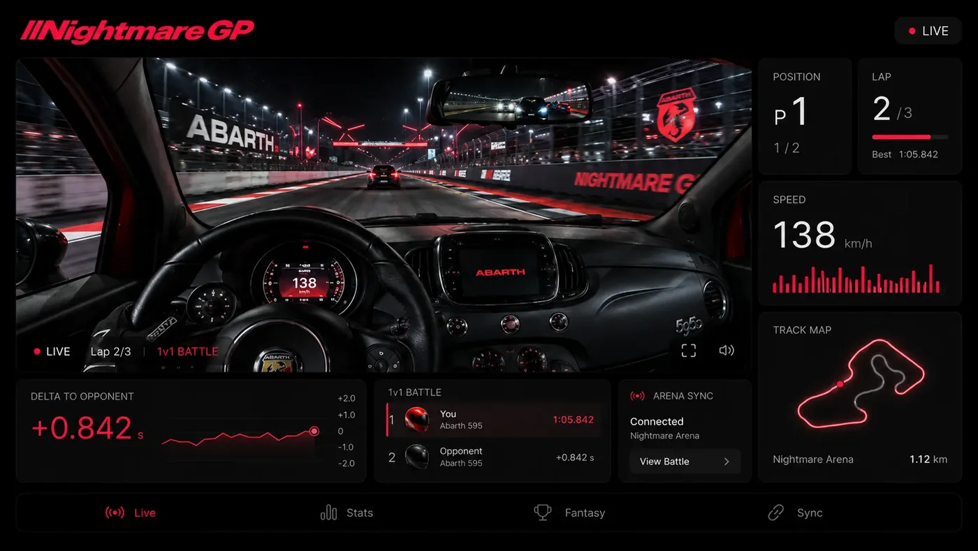 Nightmare GP app interface with live telemetry