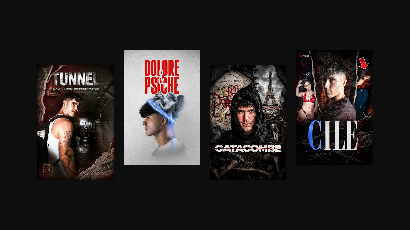 Prime Video poster art for Tunnel, Dolore e Psiche, Catacombe and Cile, designed by Studio Aiman